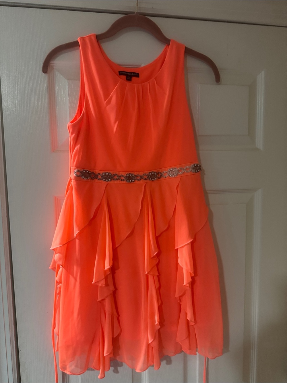 My Michelle Neon Coral Tiered Ruffle Dress with Jeweled Waistband